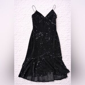 Vera Wang Black Sequin Cocktail Dress Slip Dress Ruffle Hem Size 12 NWT Evening